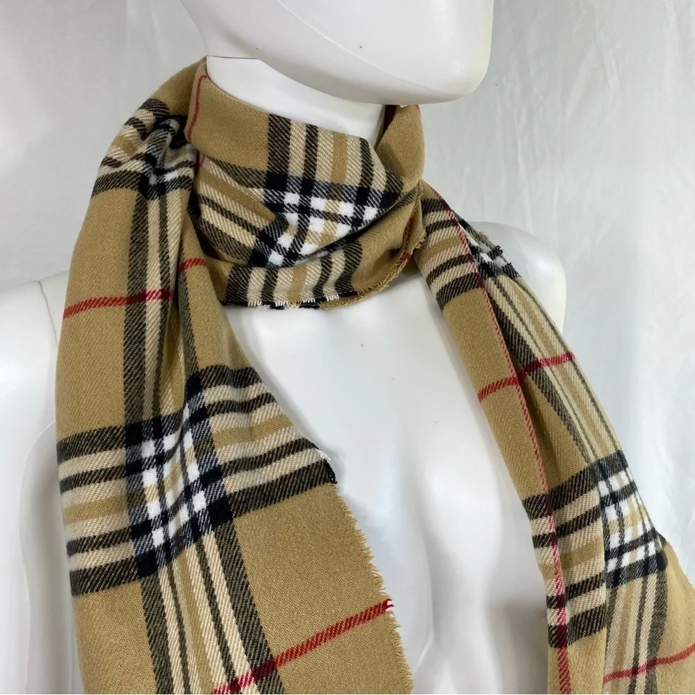 Cashmere Feel Camel New England Plaid Long Tassel Scarf